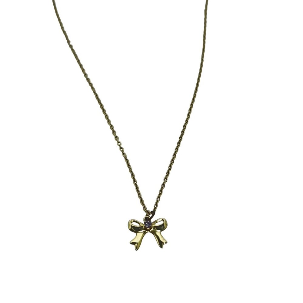 Gold Tone Cable Chain Necklace With Pink Rhinestone Bow Pendant (5702) - Picture 2 of 4